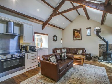 A living room with leather sofas and wood stove next to a kitchen area at Upper Calffield Barn in Camrose near Haverfordwest