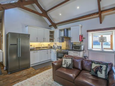 A kitchen with white cabinets stainless steel appliances and a brown leather sofa with horse pillows at Upper Calffield Barn Camrose near Haverfordwest