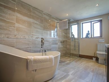 A bathroom with a freestanding bathtub a walk-in shower a toilet and a window with a sculpture at Upper Calffield Barn Camrose near Haverfordwest