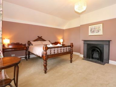 A bedroom with a wooden bed table lamps a fireplace and a wall painting at Fir Grove in Menai Bridge