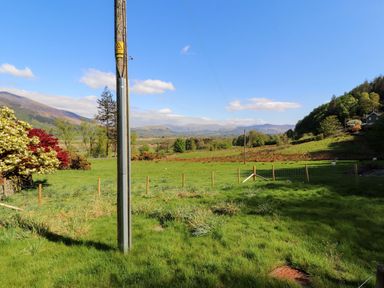 A view of grass and trees with a mountain backdrop at Bramble Cottage Thornthwaite near Braithwaite
