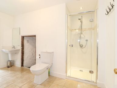 A bathroom with a shower, toilet, sink, and a small doorway at Middletown in Keswick