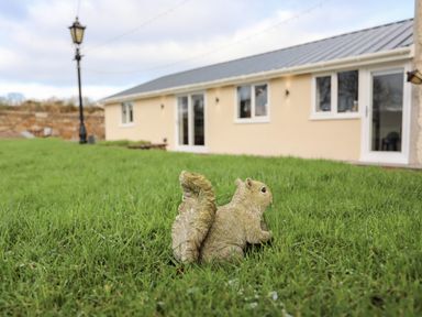 A garden with a small squirrel statue on the grass in front of a beige building with windows and doors at Ynys Uchaf Near Benllech