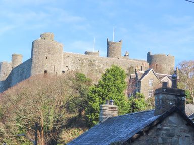 A stone castle on a hill with round towers and a house with a slate roof in front at Gwelfor in Harlech