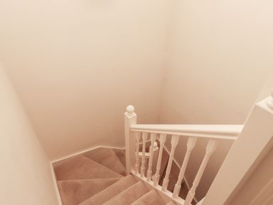 A staircase with carpeted steps and a white wooden railing at Primula Patch in Akeld near Wooler