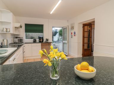 A kitchen with countertop holding a vase of yellow flowers and a bowl of lemons at Hilltop Cottage in Paignton