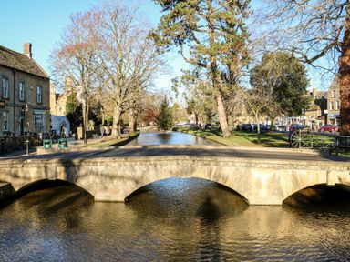 A stone bridge over a river with trees and buildings along the riverbank in a town
