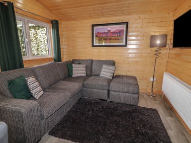 A living room with a gray sectional sofa green and patterned cushions a floor lamp a wall-mounted TV and a framed picture at Railway Lodge in Dungiven Londonderry
