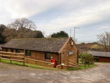 A log cabin with a wooden fence and trees in the background near a grassy hill at Castle View Lodge in Ilfracombe