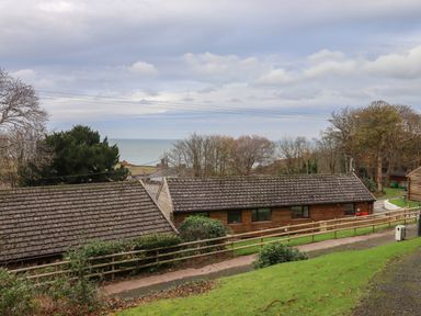 Wooden lodges with fenced walkway overlooking trees and distant sea at Castle View Lodge in Ilfracombe