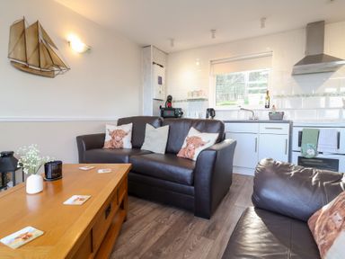 A living room with a sofa and coffee table at Castle View Lodge Ilfracombe
