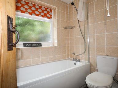 A bathroom with a bathtub shower toilet window and orange hedgehog blind at Riverwash Cottage in Dwygyfylchi