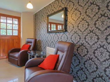 A seating area with two brown leather chairs and red cushions a glass side table a wall mirror and a wooden door at Mill Cottage in Aylesbeare