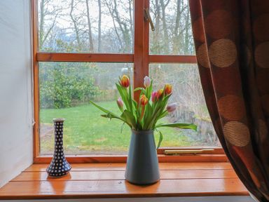 A wooden windowsill with a vase of tulips and a patterned vase with a garden view at Mill Cottage in Aylesbeare