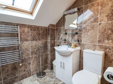 A bathroom with a white sink and cabinet a toilet a small mirror and a skylight window at Cob Barn in Aylesbeare