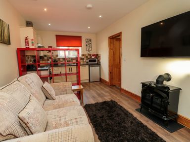 A living room with a sofa, black rug, electric stove heater, wall-mounted TV, red shelving unit, and small kitchen at Stable Cottage in Cottonshopeburnfoot near Otterburn