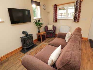 A living room with brown sofa white pillows small table plant armchair wall clock and TV at Fir Tree Cottage in Cottonshopeburnfoot near Otterburn