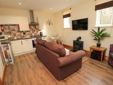 A living room with a brown sofa kitchen area with cabinets and tiled backsplash and a small dining table at Fir Tree Cottage Cottonshopeburnfoot near Otterburn