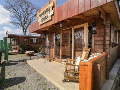 A wooden cabin exterior with a porch bench rocking chair and potted plants at Whiskey Creek Cabin in Castlerock