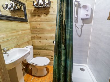 A bathroom with a sink, toilet, shower area with a curtain and wooden wall panels at Apache Falls Lodge in Castlerock