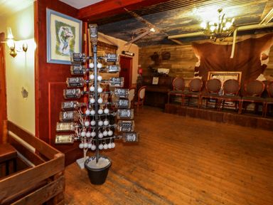 A room with wooden floor and chairs along a wall with a brown animal hide and a display stand with bottles and white ornaments