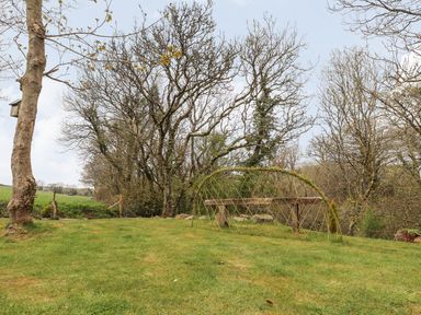 A grassy garden area with a wooden bench and arch covered with vines surrounded by trees at Mill Cabin Denant in Haverfordwest