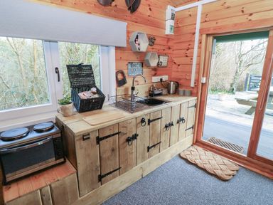 A kitchen with wooden cabinets a small oven a sink and sliding glass door at Mill Cabin Denant Haverfordwest