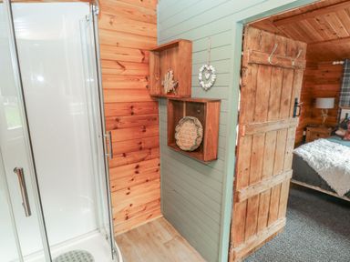 A bathroom with a glass shower enclosure wooden walls open wooden door revealing a bedroom with a bed and lamp at Mill Cabin Denant in Haverfordwest