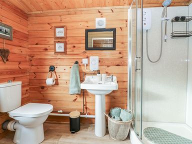 A bathroom with a toilet sink shower and basket of towels at Mill Cabin Denant in Haverfordwest