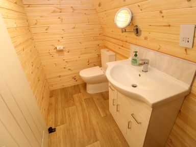 A bathroom with wooden walls a toilet a sink with cabinets a round wall mirror and a soap dispenser at Lloyd in Penzance near Newlyn