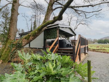 An exterior view of a small house with a covered porch and wooden railing surrounded by large trees and greenery at Mill View in Dungiven Londonderry