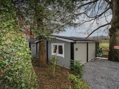 A small cabin surrounded by trees and plants with a gravel path at The Roe in Dungiven Londonderry