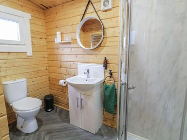 A bathroom with a toilet sink with cabinet round mirror glass shower and wooden walls at The Roe in Dungiven Londonderry