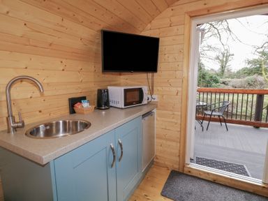 A kitchenette with a sink microwave TV kettle and a door leading to a patio with chairs at Juniper in Dungiven Londonderry