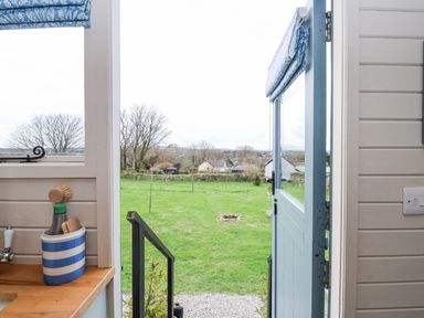 An open door showing a view of a green lawn and trees from inside a room with a wooden countertop and cleaning brushes at Teg in Prospidnick near Porthleven