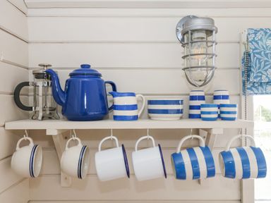 A kitchen shelf with blue and white teapot cups and a French press at Teg in Prospidnick near Porthleven