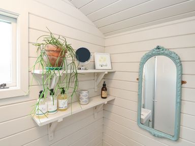 A bathroom corner with white shelves holding toiletries and a potted plant next to a blue-framed mirror at Teg in Prospidnick near Porthleven