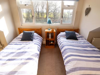 A bedroom with two single beds and a bedside table with a lamp at Natterjacks in Syderstone