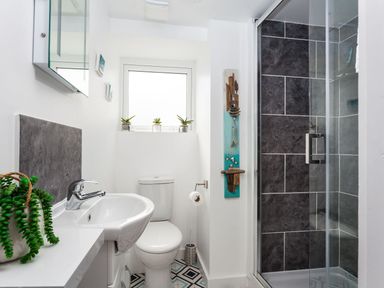 A small bathroom with a sink toilet shower and decorative items at The Loft in Porthleven