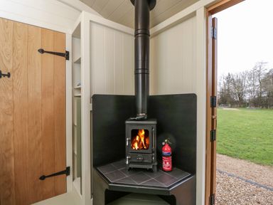 A wood burning stove with a fire and a fire extinguisher inside a small room with a wooden door and open door to a garden at Hazel in South Leigh near Witney