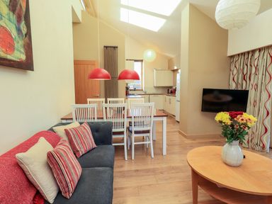 A living room with a sofa and cushions a dining table with chairs and red pendant lights a kitchen and a coffee table with flowers at Cedrus Lodge in Skelton near Penrith