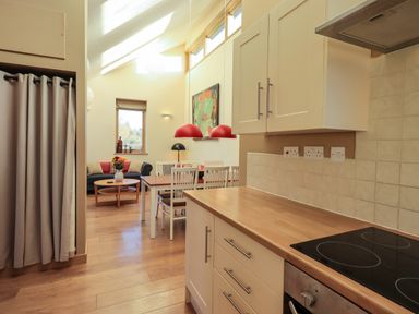 A kitchen with countertop and stove overlooking a dining area with table and chairs and a living area with sofa and coffee table at Cedrus Lodge in Skelton near Penrith