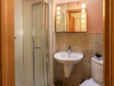 A bathroom with a corner shower, wall-mounted sink, mirror cabinet, and toilet at Cedrus Lodge in Skelton near Penrith