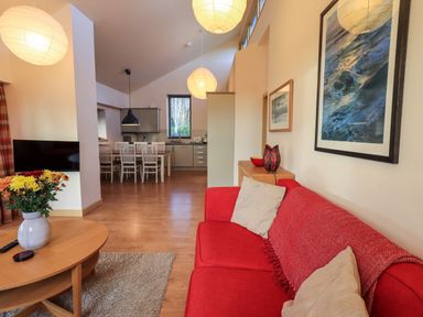 A living room with a red sofa and a wooden coffee table with flowers a dining area with white chairs and a kitchen at Larch Lodge in Skelton near Penrith