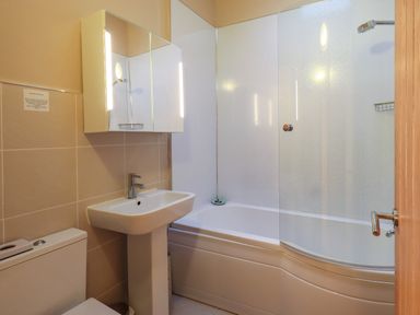 A bathroom with a sink toilet mirror cabinet and bathtub with shower at Larch Lodge in Skelton near Penrith