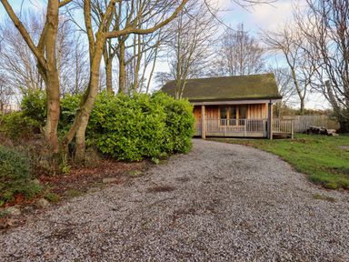 A wooden cabin with a gravel driveway and trees around at Larch Lodge in Skelton near Penrith