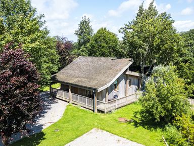 An outdoor view of a cabin surrounded by trees at Larch Lodge in Skelton near Penrith