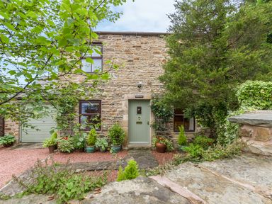 Exterior of a stone cottage with a green door and surrounding plants at Crescent Cottage in Haltwhistle near Hadrians Wall