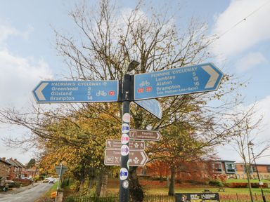 A set of cycleway and tourist information direction signs by a street with trees and buildings in the background at Crescent Cottage in Haltwhistle near Hadrians Wall