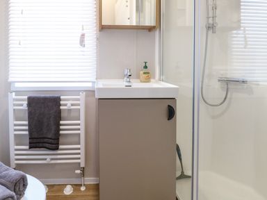 A bathroom with a sink cabinet soap dispenser shower and towel on radiator at The Sea Lodge in Bacton near Walcott